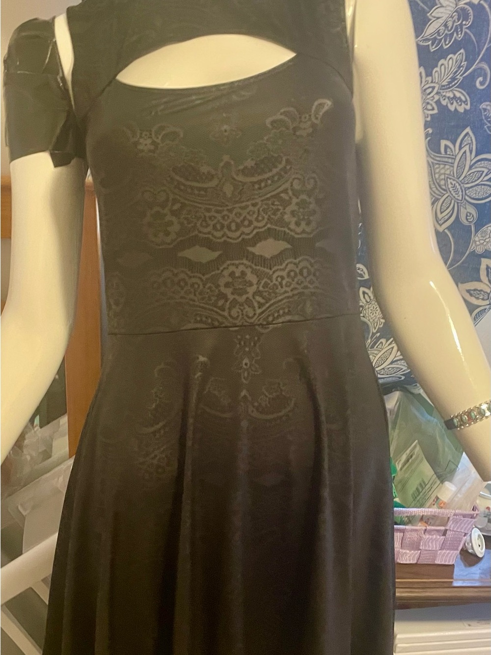Mimi Chica Black One-Shoulder Cutout Lace-Effect Fit & Flare Dress